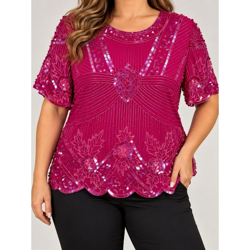 Vintage Laurence Kazar 2X Pink Silk Beaded Sequin Blouse Evening Party Top